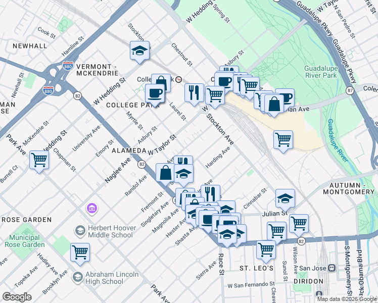 map of restaurants, bars, coffee shops, grocery stores, and more near 900 Villa Avenue in San Jose