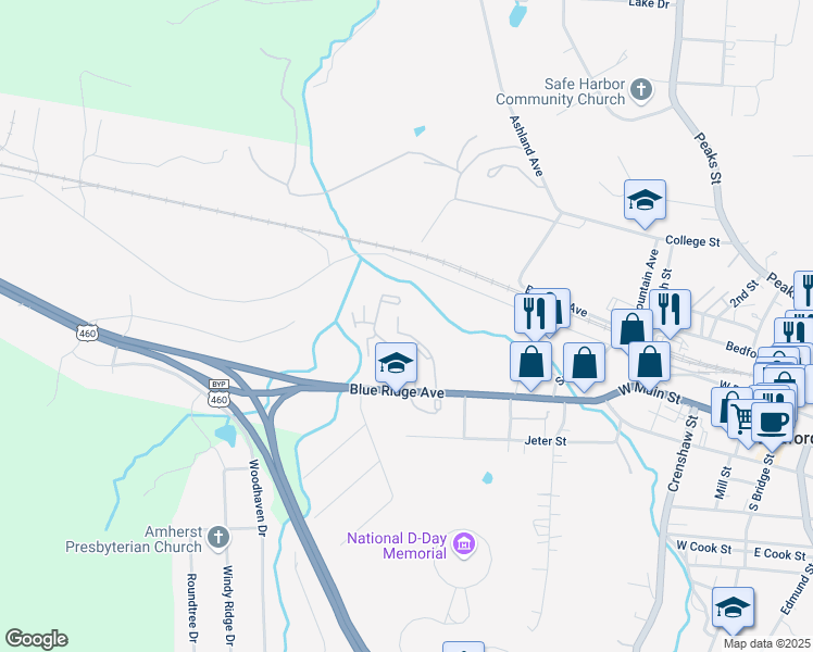 map of restaurants, bars, coffee shops, grocery stores, and more near 718 Blue Ridge Avenue in Bedford