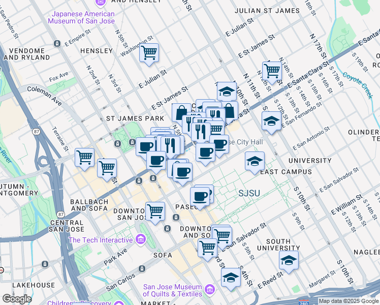 map of restaurants, bars, coffee shops, grocery stores, and more near 200 East Santa Clara Street in San Jose