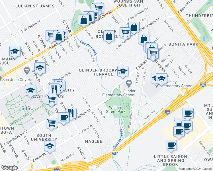 map of restaurants, bars, coffee shops, grocery stores, and more near 359 Brookwood Avenue in San Jose