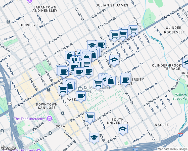 map of restaurants, bars, coffee shops, grocery stores, and more near 295 East San Fernando Street in San Jose