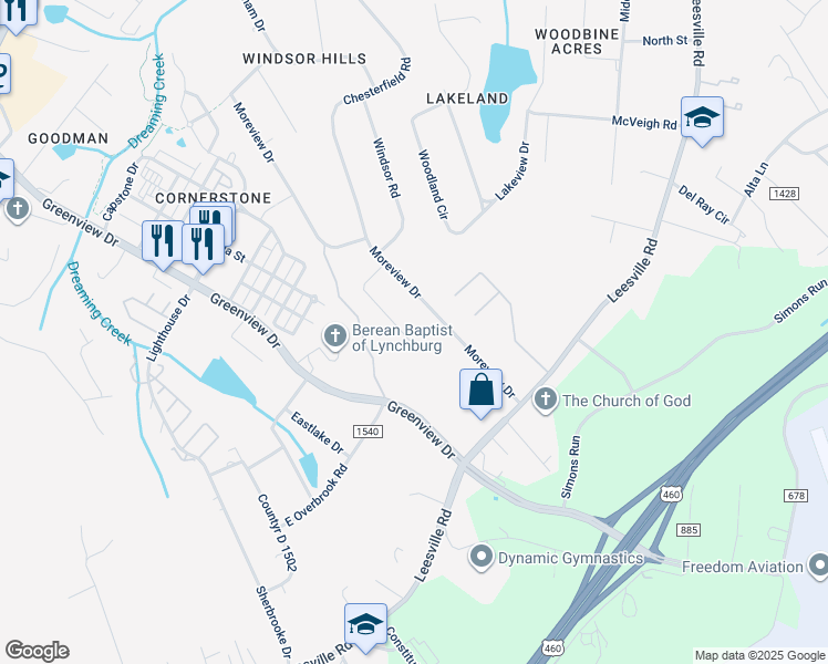 map of restaurants, bars, coffee shops, grocery stores, and more near 1024 Morey Place in Lynchburg