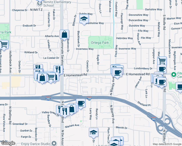 map of restaurants, bars, coffee shops, grocery stores, and more near 538 Madison Terrace in Sunnyvale