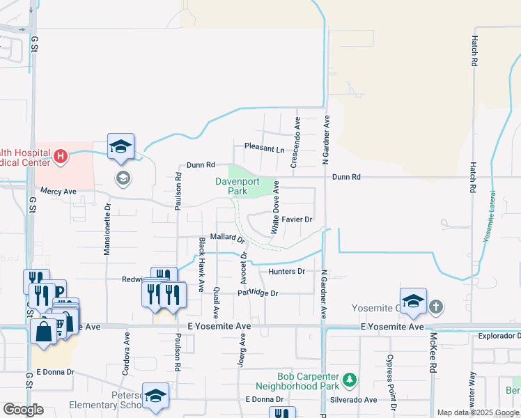 map of restaurants, bars, coffee shops, grocery stores, and more near 1365 Luke Drive in Merced