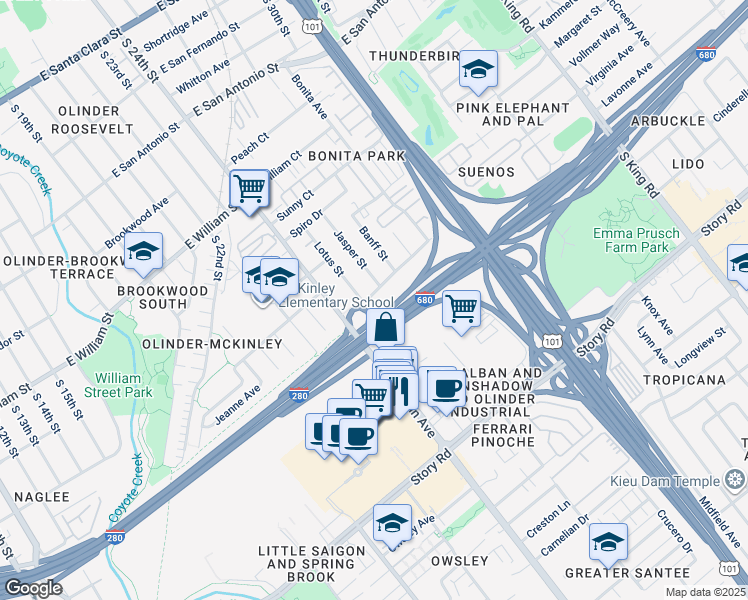 map of restaurants, bars, coffee shops, grocery stores, and more near 1168 Herald Avenue in San Jose