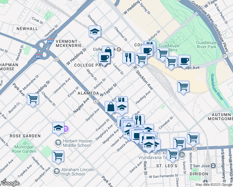 map of restaurants, bars, coffee shops, grocery stores, and more near 949 Villa Avenue in San Jose