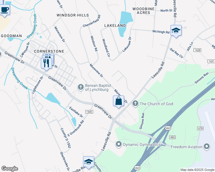 map of restaurants, bars, coffee shops, grocery stores, and more near 1021 Moreview Drive in Lynchburg
