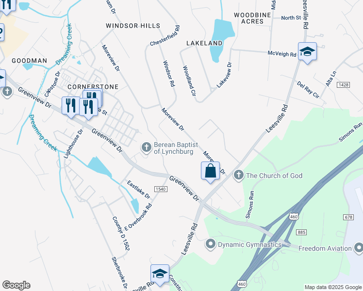 map of restaurants, bars, coffee shops, grocery stores, and more near 1024 Morey Place in Lynchburg