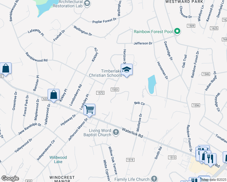 map of restaurants, bars, coffee shops, grocery stores, and more near 295 Horizon Drive in Forest