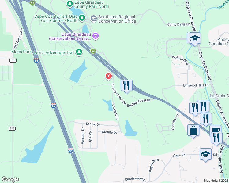 map of restaurants, bars, coffee shops, grocery stores, and more near 1401 Prospect Drive in Cape Girardeau