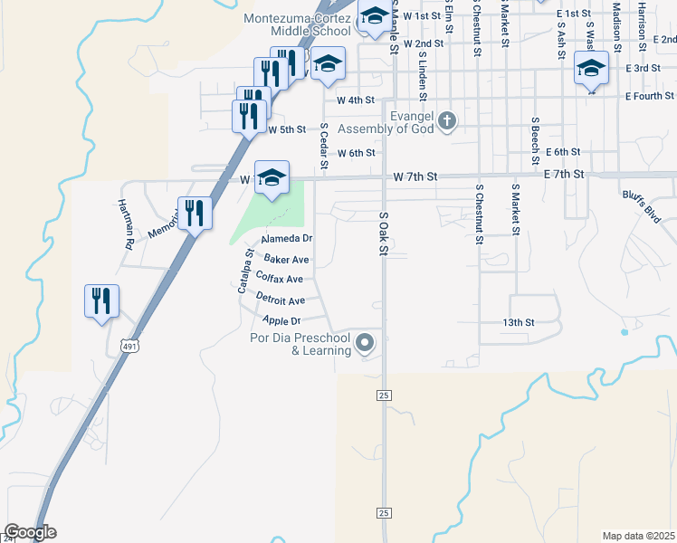 map of restaurants, bars, coffee shops, grocery stores, and more near 505 Baker Avenue in Cortez