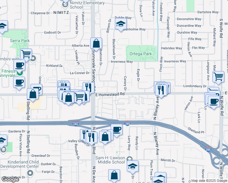 map of restaurants, bars, coffee shops, grocery stores, and more near 185 East Homestead Road in Sunnyvale