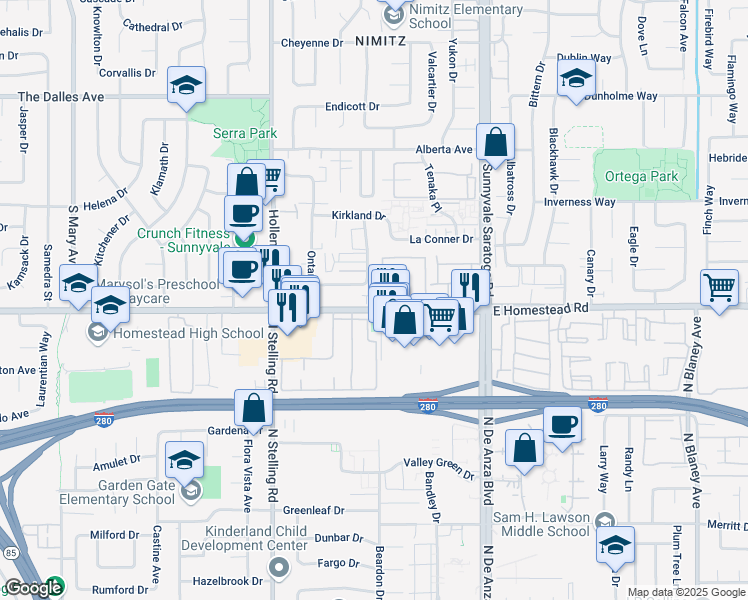 map of restaurants, bars, coffee shops, grocery stores, and more near 625 West Homestead Road in Sunnyvale
