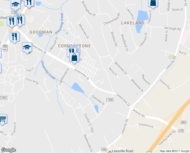 map of restaurants, bars, coffee shops, grocery stores, and more near 304 Meridian Street in Lynchburg