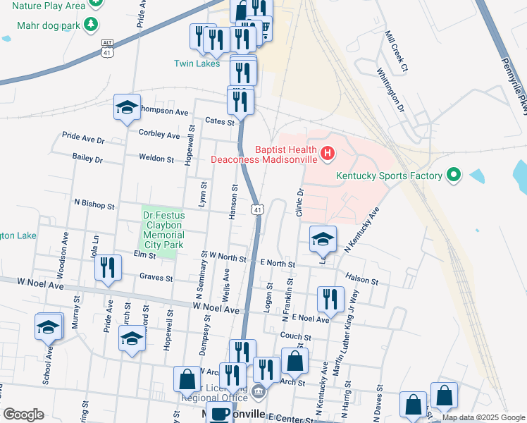 map of restaurants, bars, coffee shops, grocery stores, and more near 645 Earlwood Drive in Madisonville