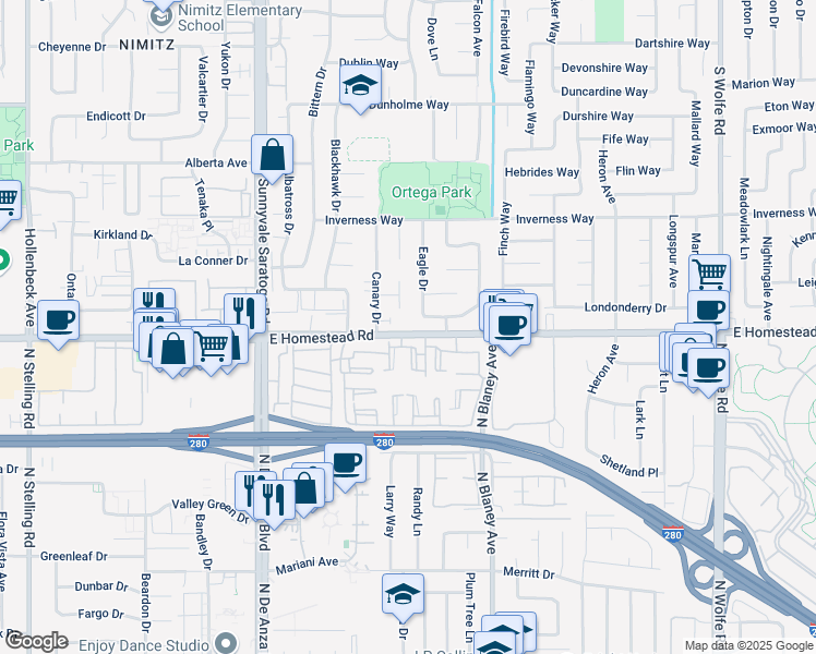 map of restaurants, bars, coffee shops, grocery stores, and more near 575 East Homestead Road in Sunnyvale