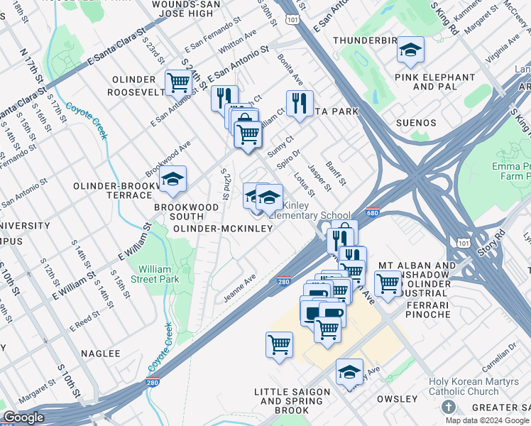 map of restaurants, bars, coffee shops, grocery stores, and more near 1051 Appian Lane in San Jose