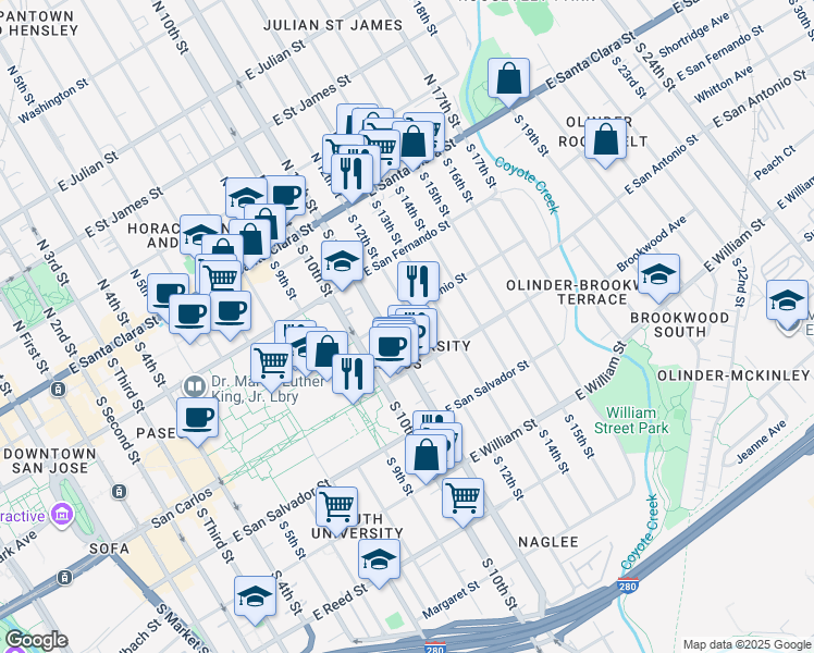 map of restaurants, bars, coffee shops, grocery stores, and more near 215 South 12th Street in San Jose