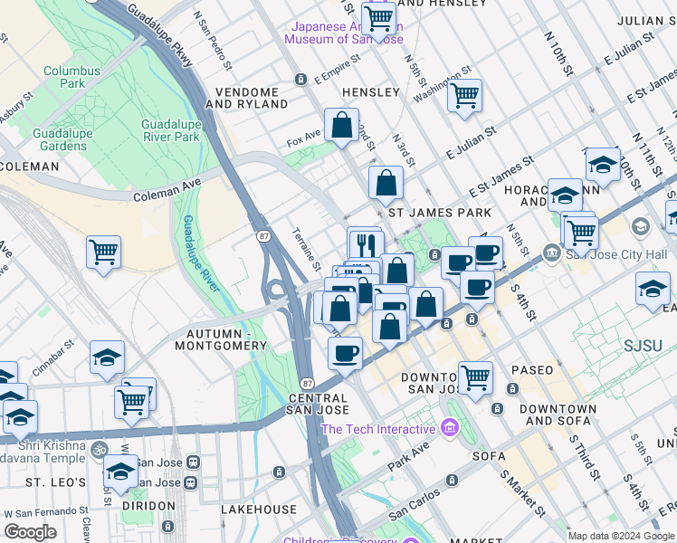 map of restaurants, bars, coffee shops, grocery stores, and more near 178 Velocity Way in San Jose