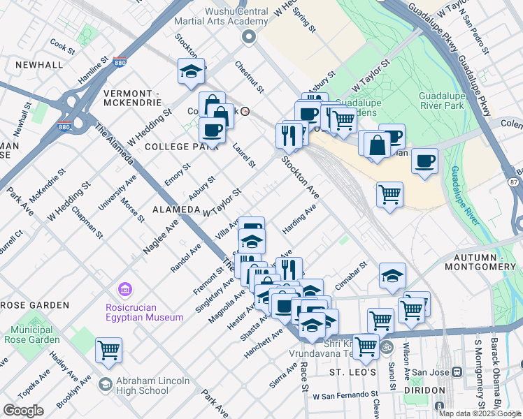 map of restaurants, bars, coffee shops, grocery stores, and more near 860 Villa Avenue in San Jose