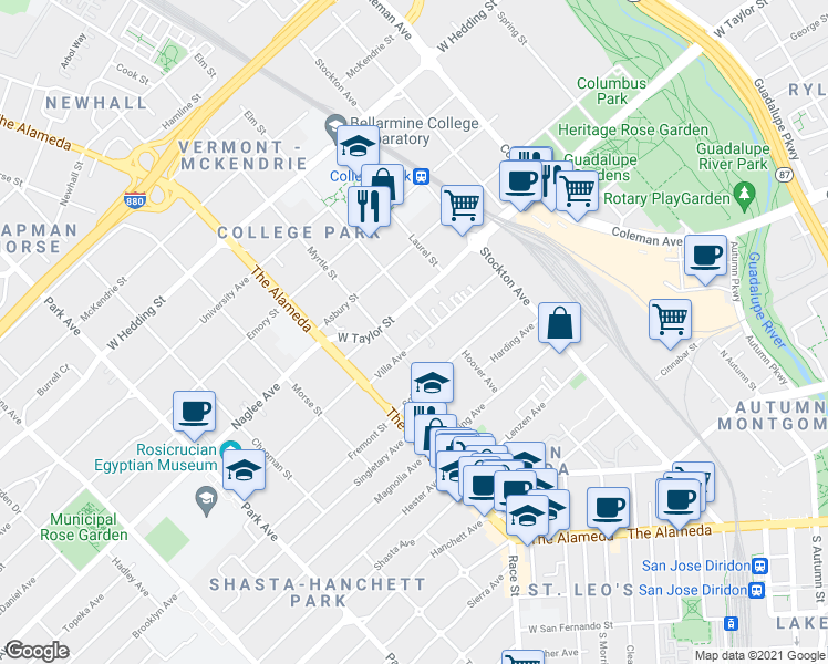map of restaurants, bars, coffee shops, grocery stores, and more near 929 Villa Avenue in San Jose