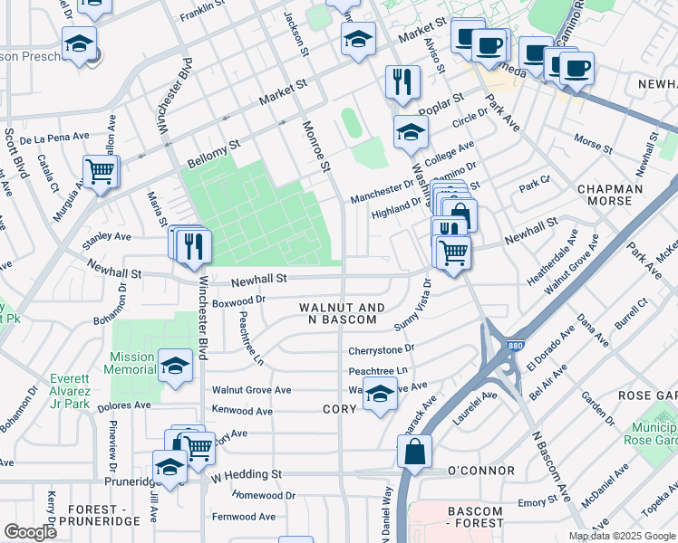 map of restaurants, bars, coffee shops, grocery stores, and more near 2307 Newhall Street in San Jose
