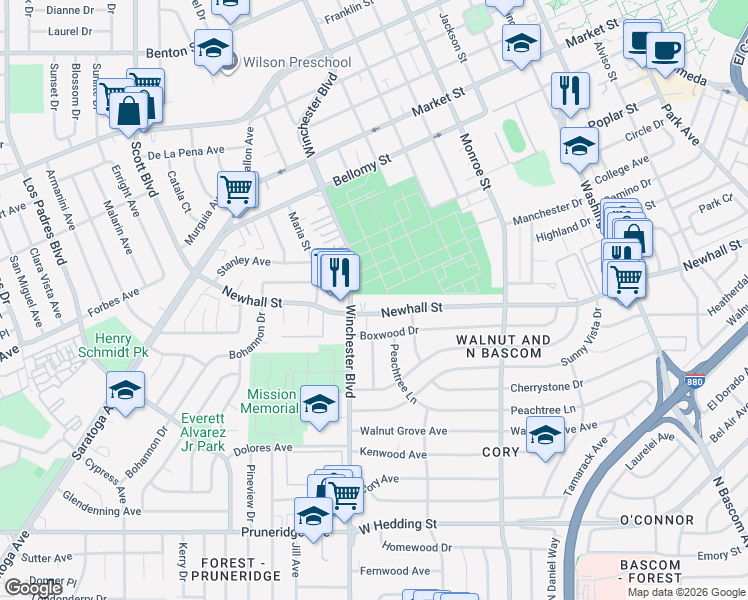 map of restaurants, bars, coffee shops, grocery stores, and more near 2441 Newhall Street in San Jose