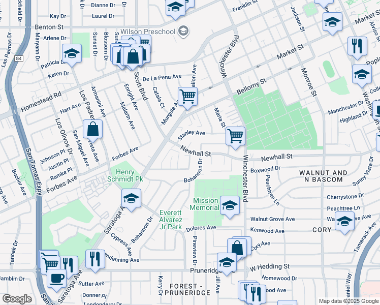 map of restaurants, bars, coffee shops, grocery stores, and more near 2725 Newhall Street in Santa Clara