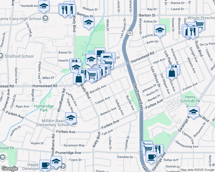 map of restaurants, bars, coffee shops, grocery stores, and more near 747 Salberg Avenue in Santa Clara