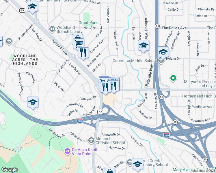 map of restaurants, bars, coffee shops, grocery stores, and more near 2295 Homestead Road in Los Altos