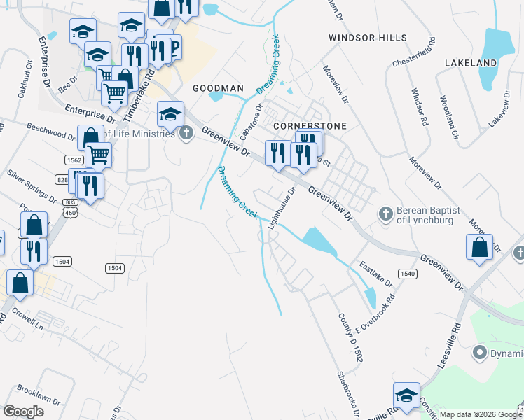 map of restaurants, bars, coffee shops, grocery stores, and more near 23 Mulberry Circle in Lynchburg