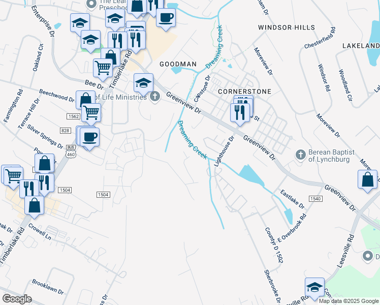 map of restaurants, bars, coffee shops, grocery stores, and more near 118 Journey Ln in Lynchburg