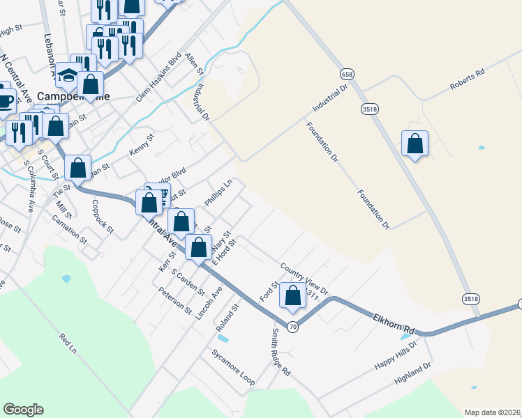 map of restaurants, bars, coffee shops, grocery stores, and more near in Campbellsville