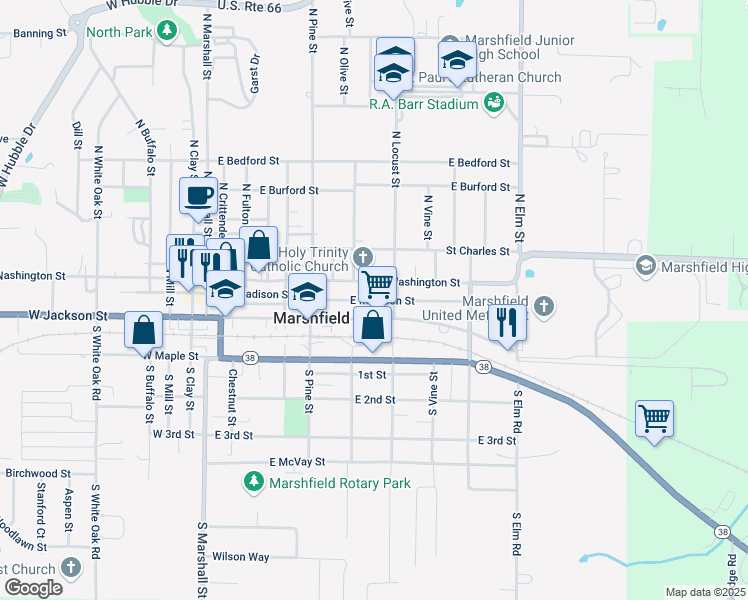 map of restaurants, bars, coffee shops, grocery stores, and more near 531 East Madison Street in Marshfield
