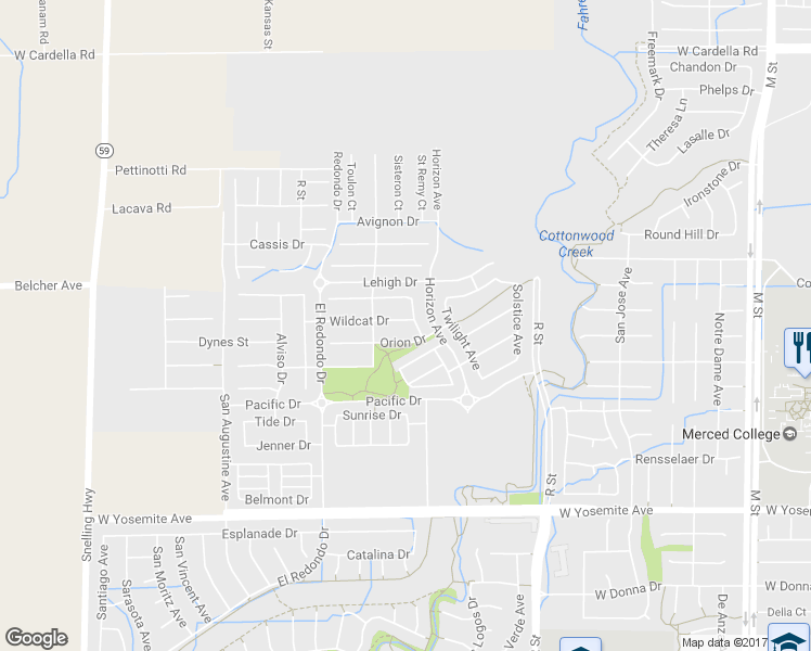map of restaurants, bars, coffee shops, grocery stores, and more near 1216 Wildcat Drive in Merced