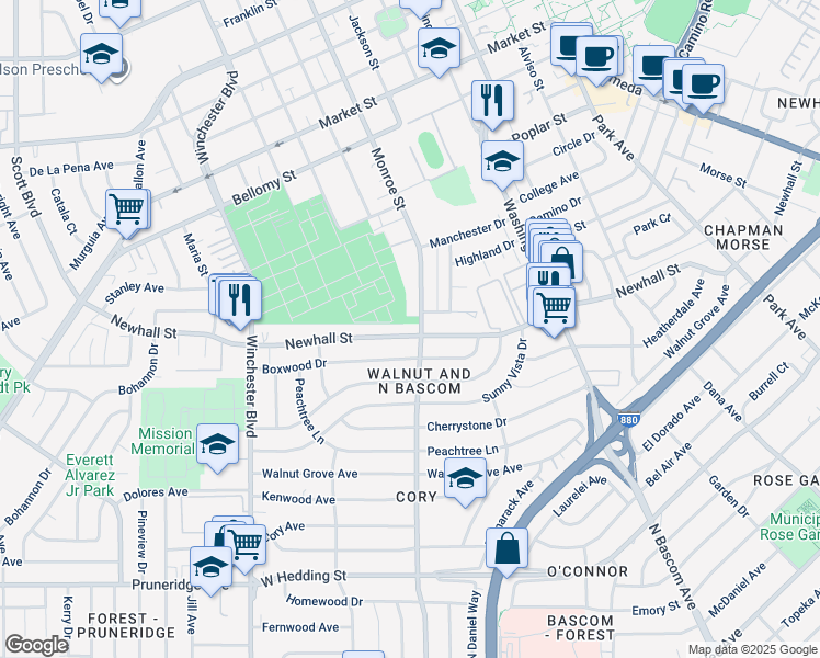 map of restaurants, bars, coffee shops, grocery stores, and more near 2307 Newhall Street in San Jose