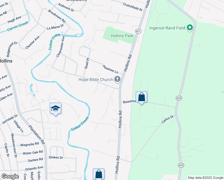 map of restaurants, bars, coffee shops, grocery stores, and more near 6422 Trevilian Road in Hollins
