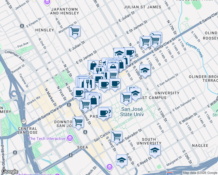 map of restaurants, bars, coffee shops, grocery stores, and more near 48 South 6th Street in San Jose