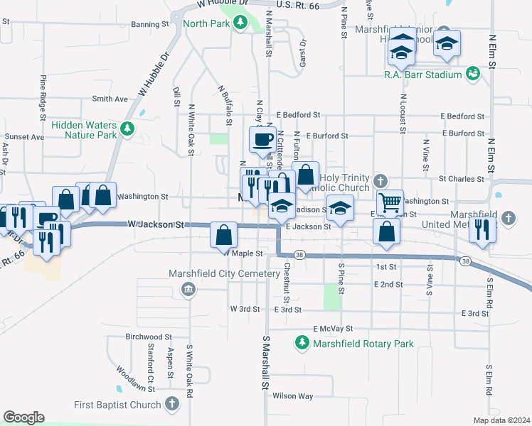 map of restaurants, bars, coffee shops, grocery stores, and more near 102 West Madison Street in Marshfield