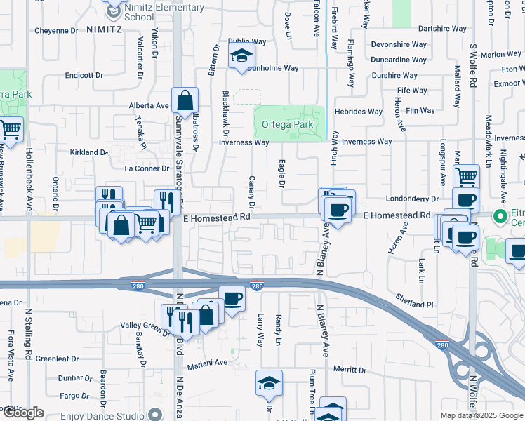 map of restaurants, bars, coffee shops, grocery stores, and more near 538 Madison Terrace in Sunnyvale