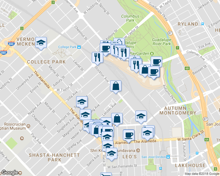 map of restaurants, bars, coffee shops, grocery stores, and more near 714 Harding Avenue in San Jose