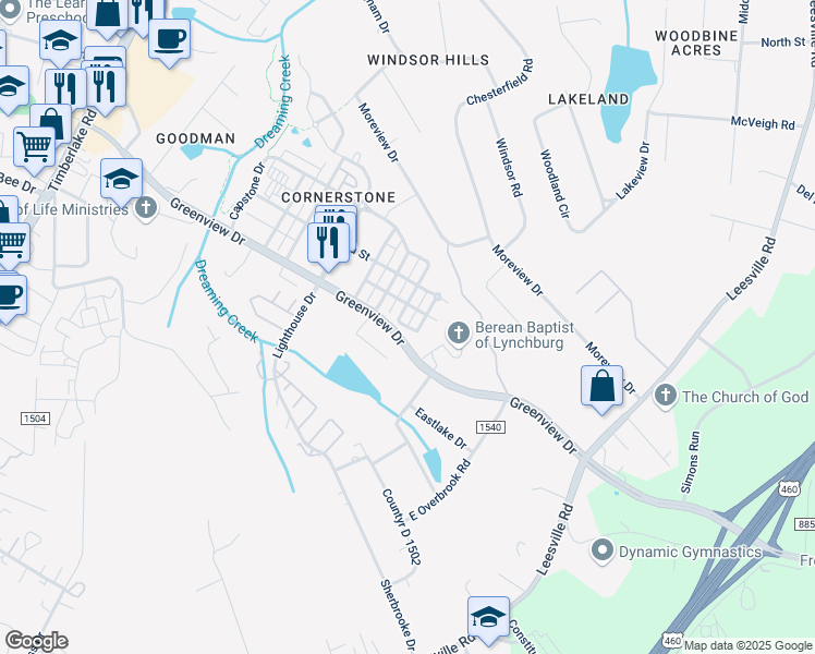map of restaurants, bars, coffee shops, grocery stores, and more near 323 Meridian Street in Lynchburg