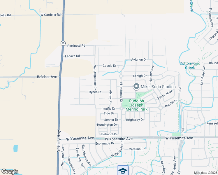 map of restaurants, bars, coffee shops, grocery stores, and more near 3938 Alviso Drive in Merced