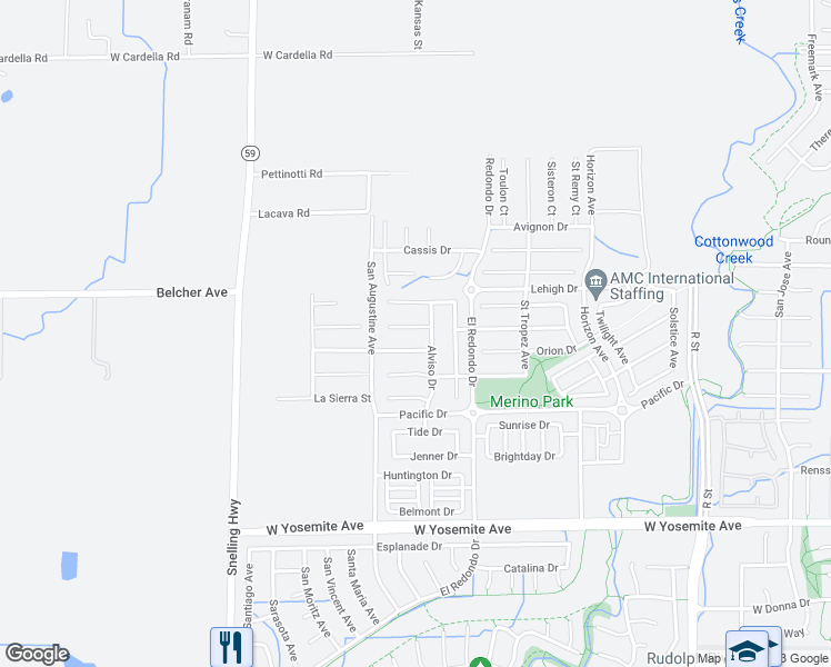 map of restaurants, bars, coffee shops, grocery stores, and more near 1342 Riverside Court in Merced