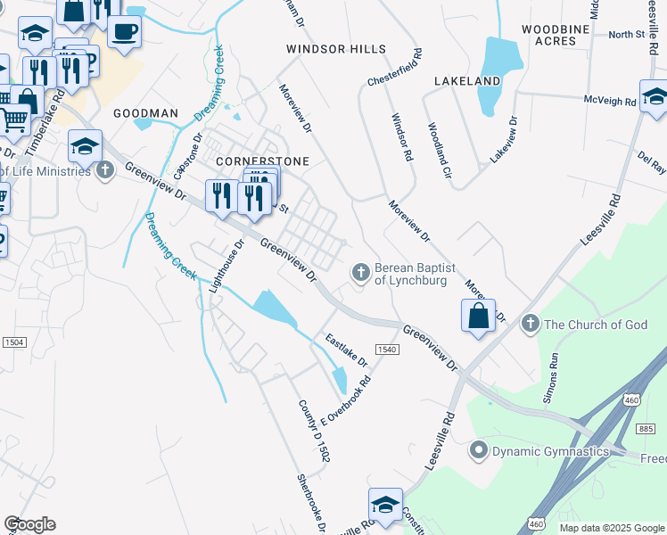 map of restaurants, bars, coffee shops, grocery stores, and more near 304 Meridian Street in Lynchburg