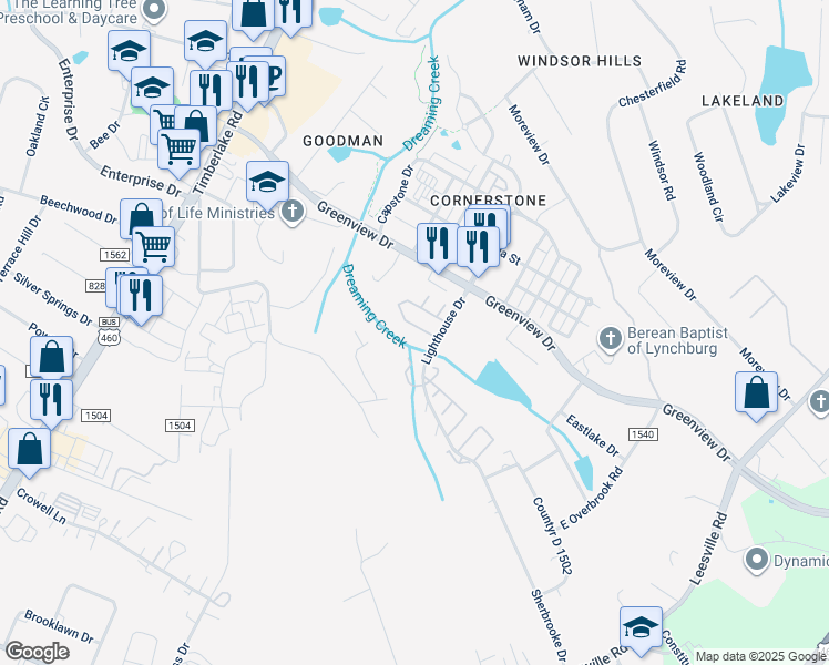 map of restaurants, bars, coffee shops, grocery stores, and more near 52 Mulberry Circle in Lynchburg
