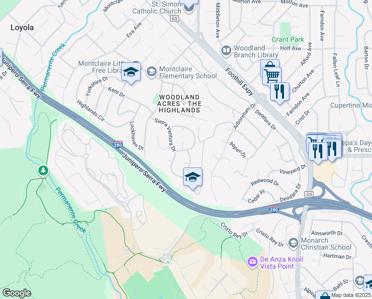 map of restaurants, bars, coffee shops, grocery stores, and more near 1280 Vía Huerta in Los Altos