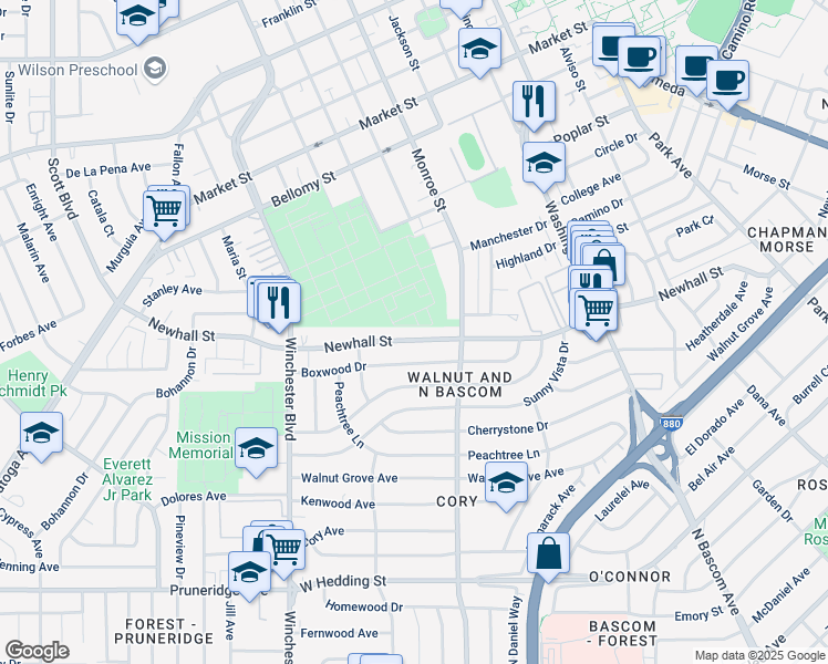 map of restaurants, bars, coffee shops, grocery stores, and more near 2345 Newhall Street in San Jose