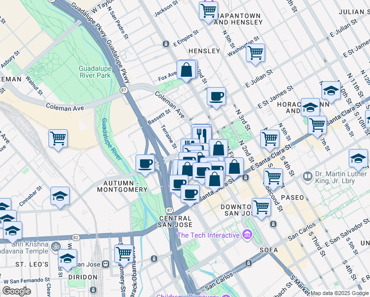 map of restaurants, bars, coffee shops, grocery stores, and more near 175 West Saint James Street in San Jose