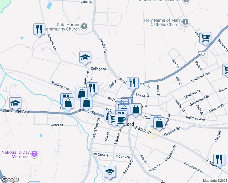 map of restaurants, bars, coffee shops, grocery stores, and more near 407 Avenel Avenue in Bedford